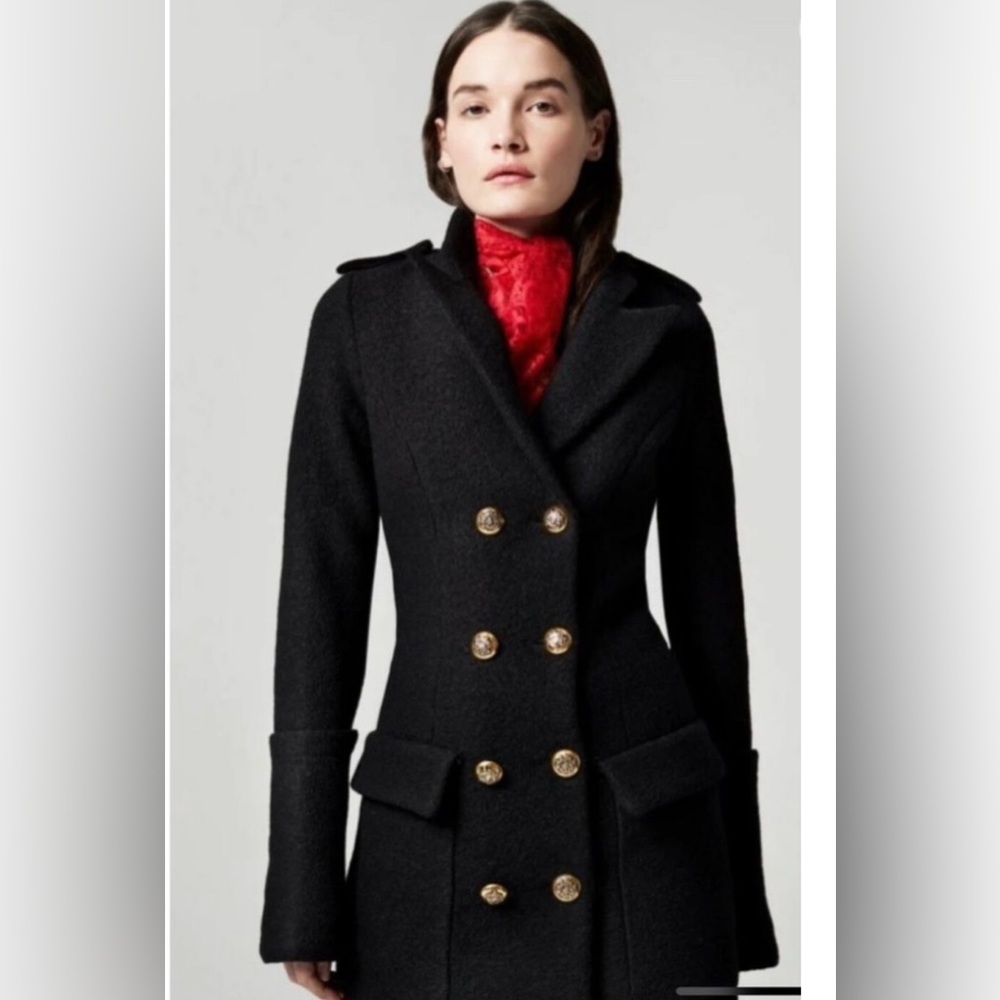 Smythe Black Double-Breasted Wool Pea Coat with Gold Buttons